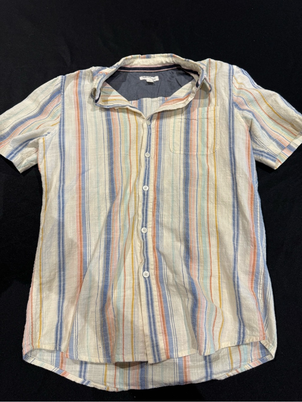 Sun + Stone Men's Short-Sleeve Button-Down Shirt - Blue, Orange, Yellow Stripes